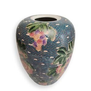 Mosaic Look Kutani Vase Porcelain Asian Vintage Blue Pink Floral